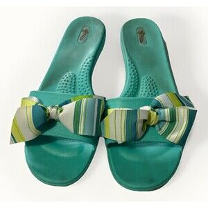 Women's Oka B Okabashi Madison Slide Sandal Size L (10/11) Teal Lime Green Bow‎